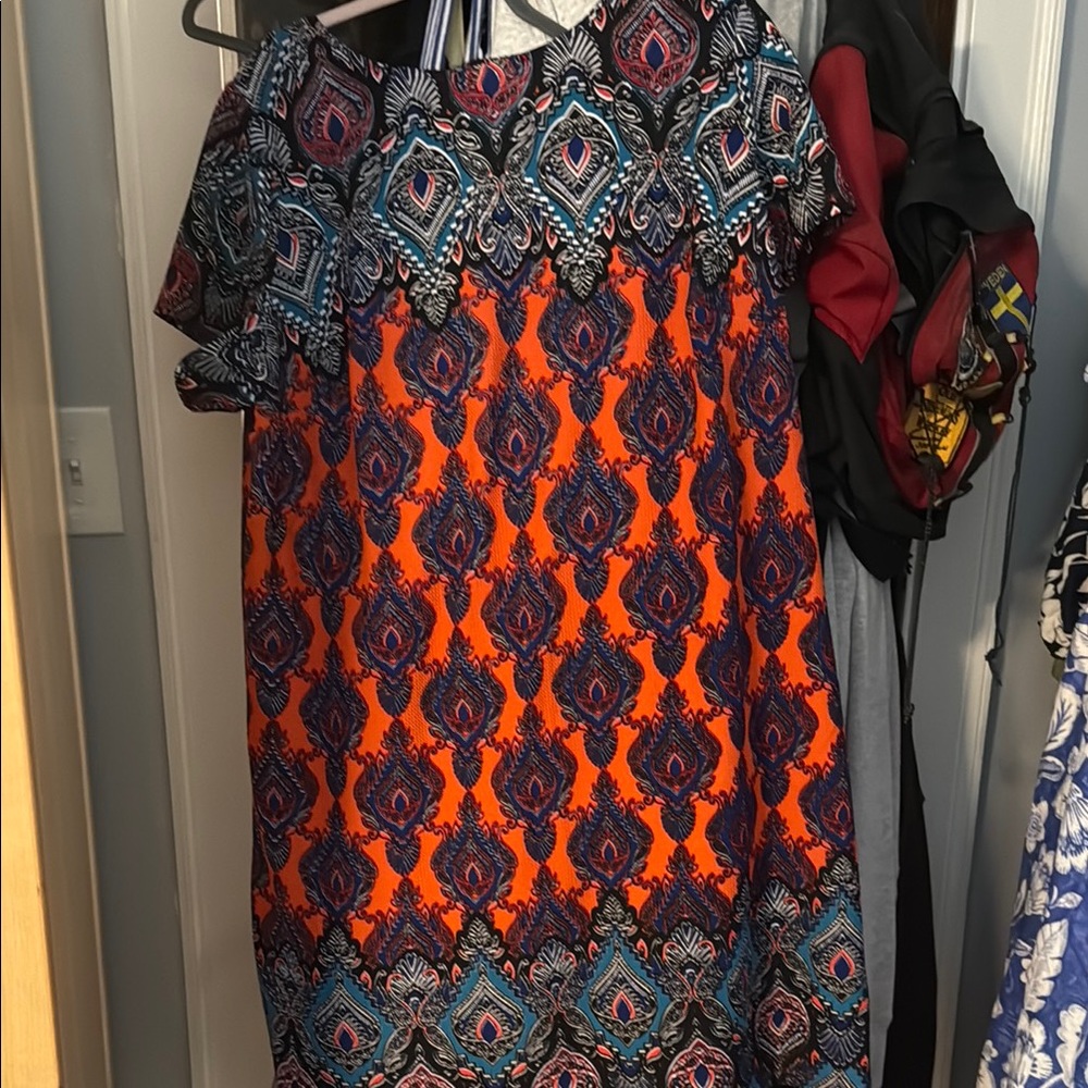 London Times Orange Black and Turquoise Mini Dress